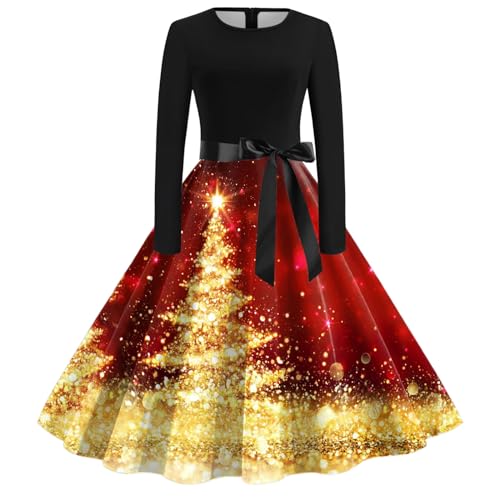 Kleid Weihnachten Damen Weihnachtskleid Elegant Langarm Weihnachts Kleider Rockabilly Vintage 1950er Swing Partykleid Cocktailkleid Weihnachtskleider Festliche Christmas Dress Abendkleid von DeaAmyGline