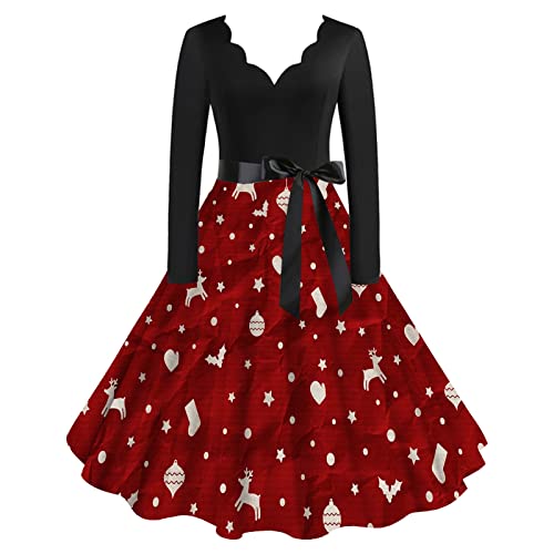 Kleid Weihnachten Damen Weihnachtskleid Elegant Langarm Weihnachts Kleider Rockabilly Vintage 1950er Swing Partykleid Cocktailkleid Weihnachtskleider Festliche Christmas Dress Abendkleid von DeaAmyGline