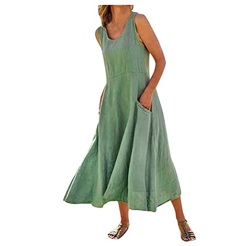 Leinenkleid Damen Sommer - Sommerkleid Damen Lang,A-Linien Kleid Damen Baumwolle Leinen mit Tasche Vintage Einfarbig Ärmelloses Strandkleid Lose Blusenkleid Langes Kleider Maxikleid Freizeitkleid von DeaAmyGline