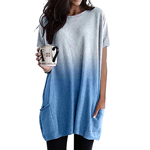 Longshirt Damen Kurzarm mit Tasche Sommer T Shirt Longtops Lang Oberteile Tunika Große Größen Rundhals Locker Lässig Oversized Tshirt Kurzarmshirt Bluse Elegant Pullover Tops T-Shirts von DeaAmyGline