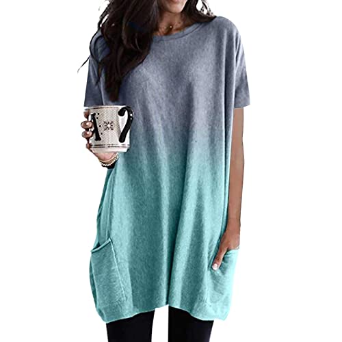 Longshirt Damen Kurzarm mit Tasche Sommer T Shirt Longtops Lang Oberteile Tunika Große Größen Rundhals Locker Lässig Oversized Tshirt Kurzarmshirt Bluse Elegant Pullover Tops T-Shirts von DeaAmyGline