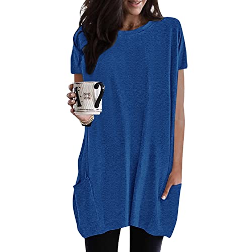 Longshirt Damen Kurzarm mit Tasche - Sommer T Shirt Longtops Lang Oberteile Tunika Große Größen Rundhals Locker Lässig Oversized Tshirt Kurzarmshirt Bluse Elegant Pullover Tops von DeaAmyGline