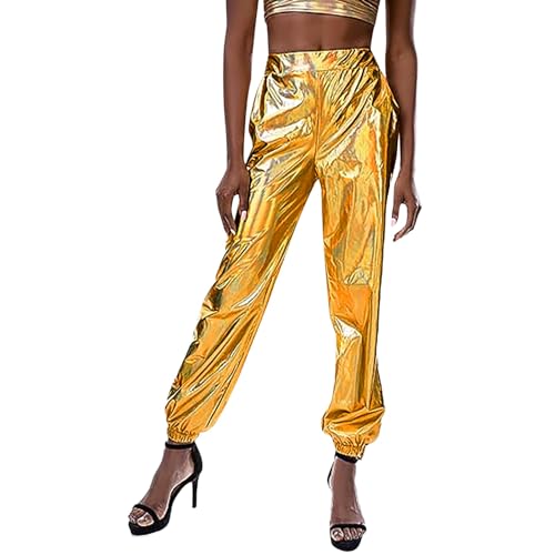 Metallic Hose Damen Glänzend, Kunstleder Lederhose Damen Wetlook High Waist Hip Hop Haremshose für Karneval kostüm Party Tanz Bühne Cosplay Jogginghose Nachtclub Festival von DeaAmyGline