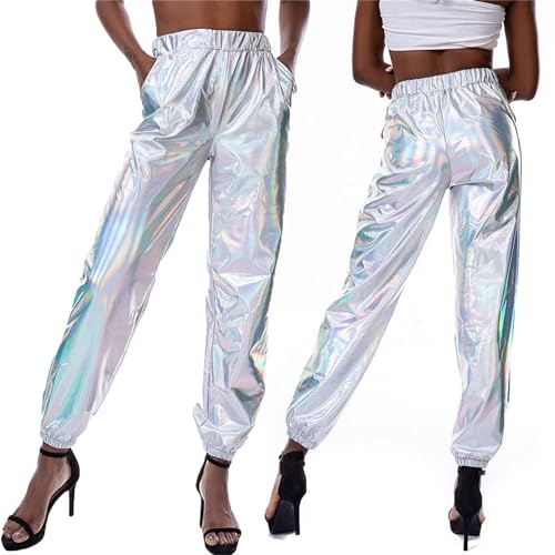 Metallic Hose Damen Glänzend, Kunstleder Lederhose Damen Wetlook High Waist Hip Hop Haremshose für Karneval kostüm Party Tanz Bühne Cosplay Jogginghose Nachtclub Festival von DeaAmyGline