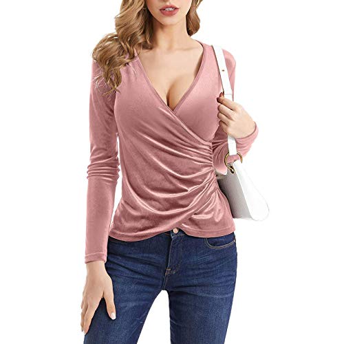 Oberteile Damen Sexy Langarm Tiefer V-Ausschnitt Wickel T Shirt Samt Seidentop Bluse Comfort Fit Langarmshirt Pullover Hemden Blusenshirt T-Shirt Oberteil für Frauen Party Club Alltag Festlich von DeaAmyGline