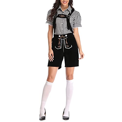 Oktoberfest Damen Outfit, Trachtenhemd Damen Lederhose Tracht,Kariertes Hemd Jumpsuit Bayerisches Oktoberfest Kostüm Set für Halloween Dress Up Party Karneval Wiesn und Bierfest Bier Bühnenshow von DeaAmyGline