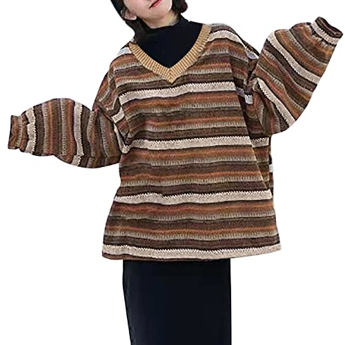 Oversize Pullover Damen Gestreifter - Strickpullover Damen Y2K Vintage Pulli Langarm Gestreift Farbblock Locker Gestricktes Tops Sweatshirt Strickpulli Longpullover für Frauen Herbst Winter von DeaAmyGline