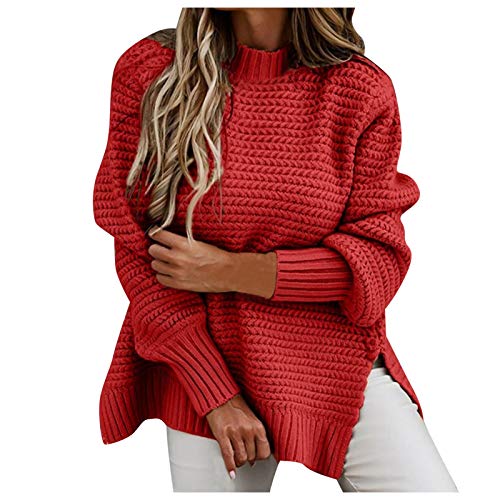 Oversize Pullover Damen Grobstrick - Strickpullover Damen Elegant Rollkragenpullover mit Seitenschlitz Langarm Lässig Locker Strickpulli Gestricktes Tops Oberteile Sweater Pullis für Frauen von DeaAmyGline