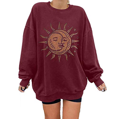 Oversize Pullover Damen mit Sonne Mond Muster - Vintage Langarmshirt T Shirt Sweatshirt Ohne Kapuze Oberteile Locker Lässig Longshirt Tops Oversized Sweatshirts für Frauen Teenager Mädchen von DeaAmyGline