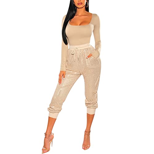 Pailletten Hose Damen High Waist - Glitzer Hose Damen mit Gummizug Drawstring Schlupfhose Damen Sexy Rüschen Paperbag Freizeithose Elegant Hochzeit Damenhosen Party Festliche Lange Hosen Frauen von DeaAmyGline