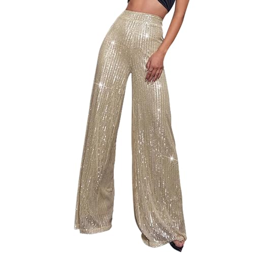 Pailletten Hose Damen High Waist - Weite Hose Damen Glitzer Hose Damen Elegant Haremshose Schlaghose Hochzeit Party Streetwear Freizeithose Weites Bein Lose Festliche Lange Hosen Frauen von DeaAmyGline