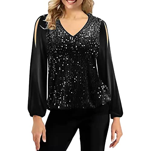 Pailletten Oberteil Damen V-Ausschnitt,Schulterfreies T-Shirt Damen Große Größen,Bluse Damen Langarm Puffärmel Pullover Elegant Lässig Party Locker -Shirts & Blusen für Frauen von DeaAmyGline