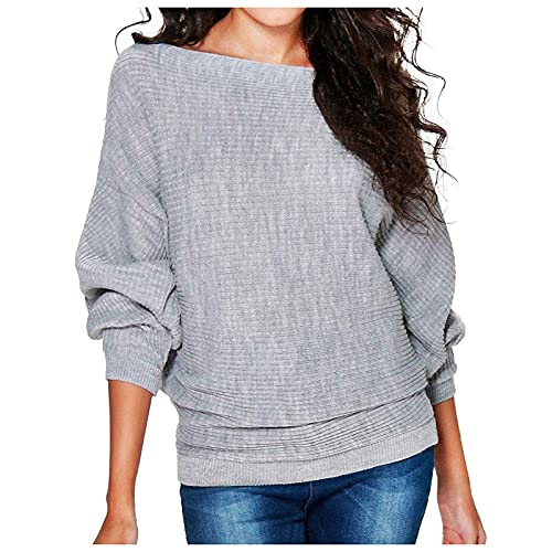 Pullover Damen Baumwolle Strickpullover Fledermausärmel Ribbed Sweater T Shirt Langarm Sweatshirt Elegant Einfarbig Oversize Lockere Strickshirt Pulli Top Schicke Festliche Blusen für Frauen von DeaAmyGline