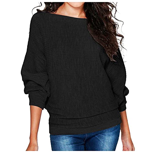 Pullover Damen Baumwolle Strickpullover Fledermausärmel Ribbed Sweater T Shirt Langarm Sweatshirt Elegant Einfarbig Oversize Lockere Strickshirt Pulli Top Schicke Festliche Blusen für Frauen von DeaAmyGline