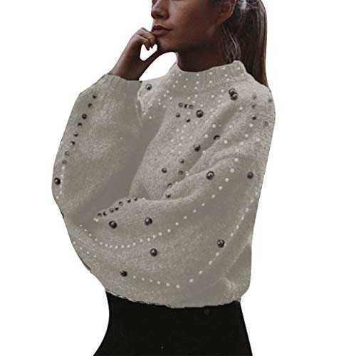 Pullover Damen Stehkragen - Strickpullover Damen Oversize Pulli Langarm mit Perle Rundhals Warm Dicker Strickpulli Gestricktes Tops Strick Shirt Sweater für Frauen Herbst Winter von DeaAmyGline