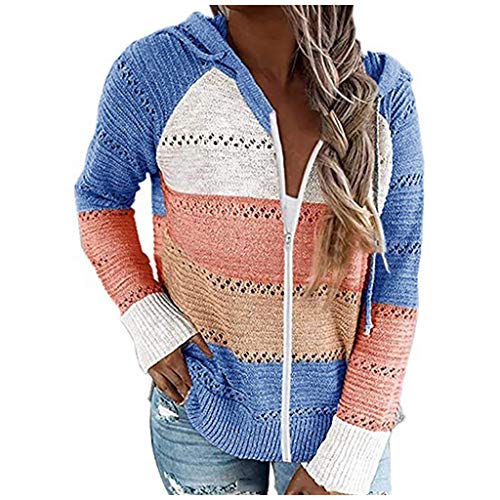 Pullover Damen mit Kapuze - Zipper Hoodie Damen Strickpullover Pulli Kapuzenpullover Farbblock Streifen Sweater Sweatshirt Zip Up Gestricktes Tops Cardigan Kapuzenpulli für Frauen Herbst Winter von DeaAmyGline