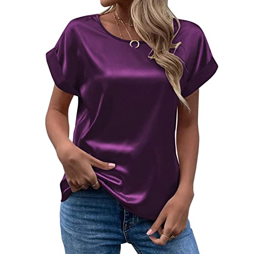 Satin Bluse Damen Elegant, T Shirt Damen Kurzarm,Seidenbluse Damen Seidentop Rundhals Sommer Oberteile Lässig Arbeitshemd Locker Bequeme Blusenshirt T-Shirt Blusen & Tuniken für Frauen von DeaAmyGline