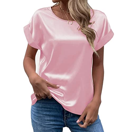 Satin Bluse Damen Elegant T Shirt Kurzarm Seidenbluse Seidentop Rundhals Sommer Oberteile Lässig Arbeitshemd Locker Bequeme Blusenshirt T-Shirt Frauen Blusen & Tuniken von DeaAmyGline