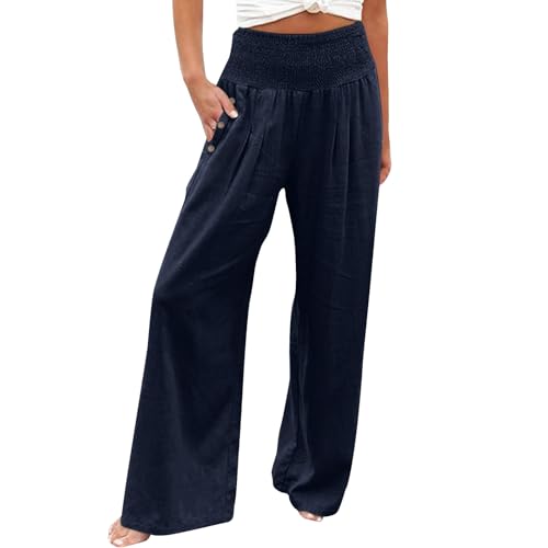 Sommerhose Damen Leicht, Leinenhose Damen Sommer,Palazzo Hose Damen High Waist Elastische Taille Weites Bein Hosen mit Taschen Knöpfen Locker Haremshose Freizeithose Schlaghose Strandhose für Frauen von DeaAmyGline