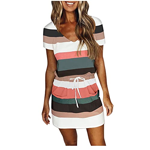 Sommerkleid Damen Kurz - Gestreifte T Shirt Damen,Minikleid Damen Kurzarm V Ausschnitt mit Tasche Drawstring Taille Farbblock Streifen Kurze Kleider Sommer Shirtkleid Teenager Mädchen Sommerkleider von DeaAmyGline