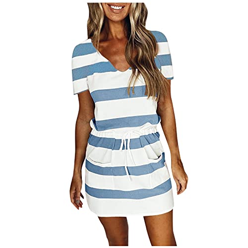 Sommerkleid Damen Kurz - Gestreifte T Shirt Damen,Minikleid Damen Kurzarm V Ausschnitt mit Tasche Drawstring Taille Farbblock Streifen Kurze Kleider Sommer Shirtkleider Teenager Mädchen Sommerkleider von DeaAmyGline