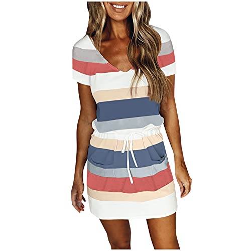 Sommerkleid Damen Kurz - Gestreifte T Shirt Damen,Minikleid Damen Kurzarm V Ausschnitt mit Tasche Drawstring Taille Farbblock Streifen Kurze Kleider Sommer Shirtkleider Teenager Mädchen Sommerkleider von DeaAmyGline