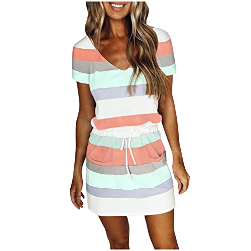 Sommerkleid Damen Kurz - Gestreifte T Shirt Damen,Minikleid Damen Kurzarm V Ausschnitt mit Tasche Drawstring Taille Farbblock Streifen Kurze Kleider Sommer Shirtkleider Teenager Mädchen Sommerkleider von DeaAmyGline