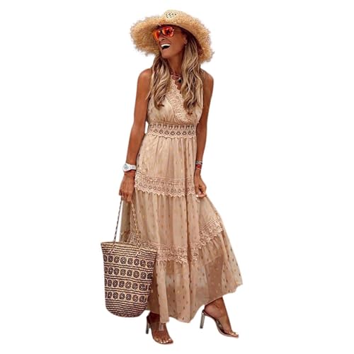 Sommerkleid Damen Lang, Strandkleid Damen Sommer,Boho Kleid Damen V-Ausschnitt mit Spitze Stickerei Punkte Maxikleid Brautkleid Hochzeit Gast Kleider Festlich Elegant Abendkleid Partykleid für Fauen von DeaAmyGline