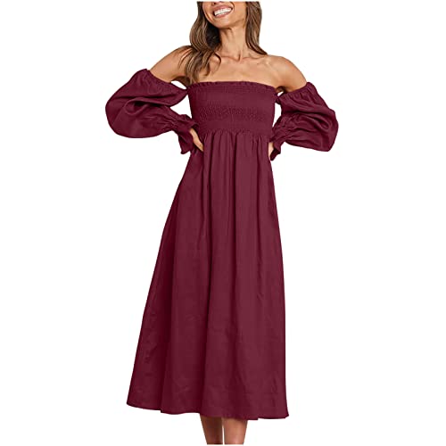 Sommerkleid Damen Lang Sexy Kleid Schulterfrei Maxikleid Smocked A Line Puffärmel Off Shoulder Bandeau Kleider Einfarbig Rüschen Flowy Swing Freizeitkleid Schulterfreies Partykleid von DeaAmyGline