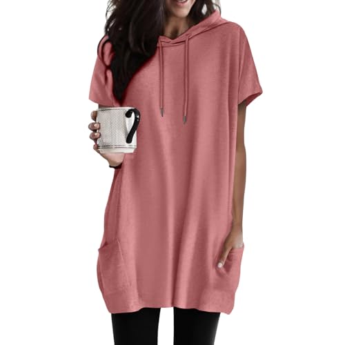 T Shirt Damen Lang mit Kapuze Longshirt Kurzarm Oberteile Sommer Tunika Bluse Solide Longtops Lässig Locker Hoodie Tshirt Taschen Rundhals Long Tops Pullover Frauen Blusen & Tuniken von DeaAmyGline
