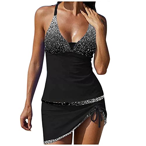 Tankini Damen mit Rock,Tankini Damen Bauchweg,Zweiteilig Badeanzug Damen Sexy V-Ausschnitt Oberteile High Waist Drawstring Schwimmrock Bademode Strandmode Tankinis Set Badeanzüge für Frauen von DeaAmyGline