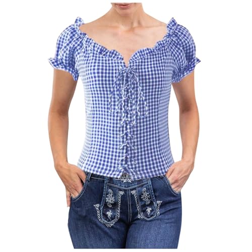 Trachtenbluse Damen Kariert - Karierte Bluse Damen Oktoberfest Trachtenshirt mit Knöpfen Trachtenhemd Kariertes Hemd Trachten Shirt Rot Blau Karohemd Dirndlbluse Trachtenblusen Trachtenoberteil von DeaAmyGline