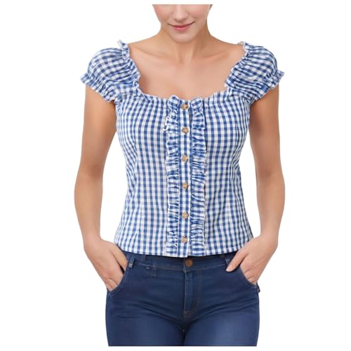 Trachtenbluse Damen Kariert - Karierte Bluse Damen Oktoberfest Trachtenshirt mit Knöpfen Trachtenhemd Kariertes Hemd Trachten Shirt Rot Blau Karohemd Dirndlbluse Trachtenblusen Trachtenoberteil von DeaAmyGline