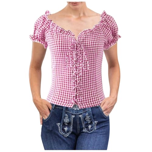 Trachtenbluse Damen Kariert - Karierte Bluse Damen Oktoberfest Trachtenshirt mit Knöpfen Trachtenhemd Kariertes Hemd Trachten Shirt Rot Blau Karohemd Dirndlbluse Trachtenblusen Trachtenoberteil von DeaAmyGline