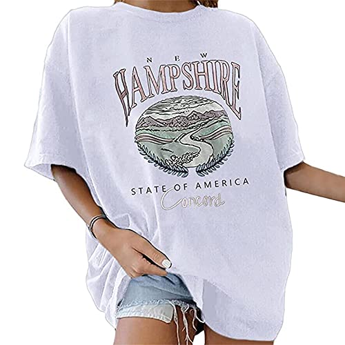 Tshirt Damen Oversize Kurzarm Sommer Oberteile Vintage Drucken Longshirt Mode Lose Rundhals T-Shirt Frauen Teenager Mädchen Tunika Bluse Lang Tops Streetwear Sport Sweatshirt Pullover von DeaAmyGline