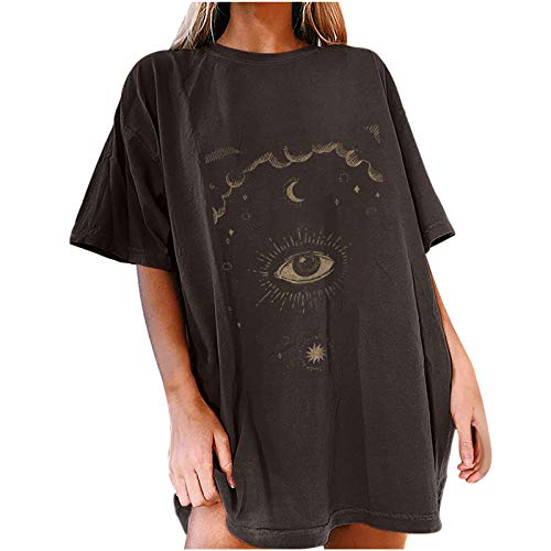 Tshirt Damen Oversize Kurzarm Sommer Oberteile Vintage Drucken Longshirt Mode Lose Rundhals T-Shirt Frauen Teenager Mädchen Tunika Bluse Lang Tops Streetwear Sport Sweatshirt Pullover von DeaAmyGline