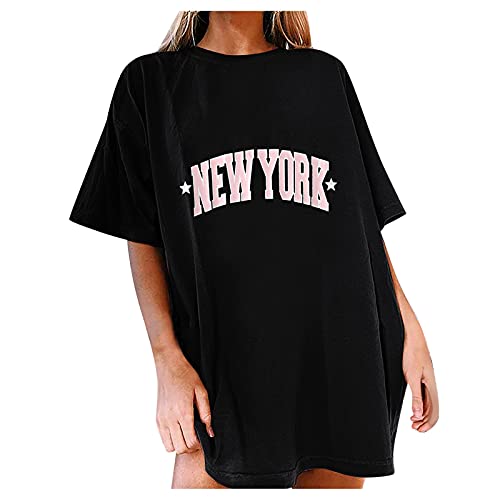 Tshirt Damen Oversize Kurzarm Sommer Oberteile Vintage Drucken Longshirt Mode Lose Rundhals T-Shirt Frauen Teenager Mädchen Tunika Bluse Lang Tops Streetwear Sport Sweatshirt Pullover von DeaAmyGline