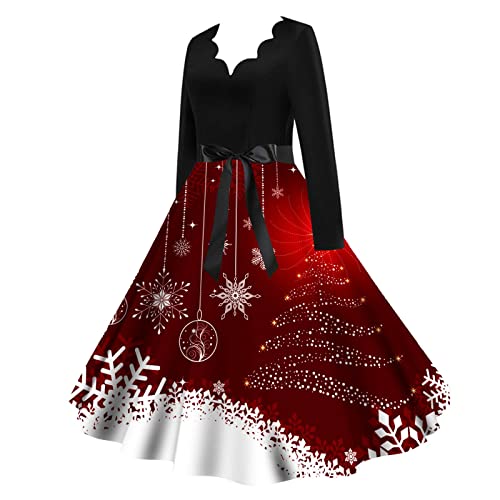 Weihnachtskleid Damen Elegant, Kleid Weihnachten Damen Langarm Cocktailkleid Vintage Rockabilly Kleider mit Lustig Weihnachtsmotiv Festlich Partykleid Abendkleider Weihnachtskleider für Frauen von DeaAmyGline