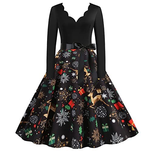 Weihnachtskleid Damen Elegant Kleid Weihnachten Langarm Weihnachts Kleider mit Weihnachtsmotiv V Ausschnitt Rockabilly Vintage Swing Christmas Dress Weihnachtskleider Partykleid Cocktailkleid von DeaAmyGline