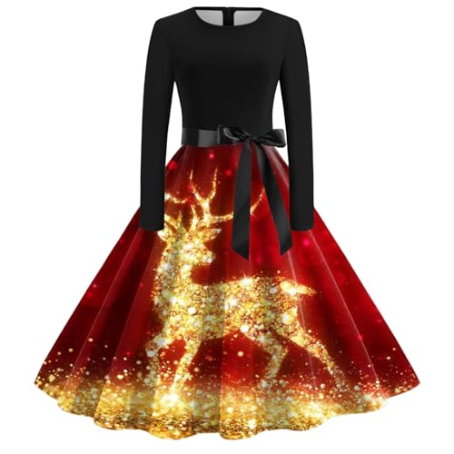 Weihnachtskleid Damen - Kleid Weihnachten Damen Elegant Langarm Weihnachts Kleider mit Lustige Weihnachtsmotiv A-Linien Swing Christmas Kleid Partykleid Cocktailkleid Weihnachtskleider für Frauen von DeaAmyGline