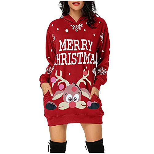 Weihnachtskleid Damen Weihnachts Hoodie Kleid Weihnachtspullover mit Weihnachtsmotiv Lustig Pullover Weihnachten Kleider Kapuzenpullover Christmas Sweatkleid Pulloverkleid Weihnachtskleider von DeaAmyGline