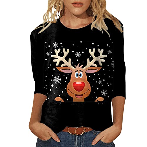 Weihnachtspullover Damen 3/4 Arm Pullover Weihnachten T Shirt Weihnachtsshirt mit Lustige Elch Weihnachtsmotiv Weihnachts Tshirt Oberteile Blusen & Tuniken für Frauen Teenager Mädchen von DeaAmyGline