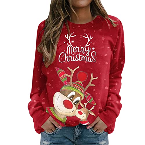 Weihnachtspullover Damen Langarmshirt- Pullover Weihnachten Damen Sweatshirt-Weihnachtsshirt Damen Langarm mit Wichtel Weihnachtsmotiv Tshirt Lustig Weihnachts T-Shirts für Frauen Teenager Mädchen von DeaAmyGline