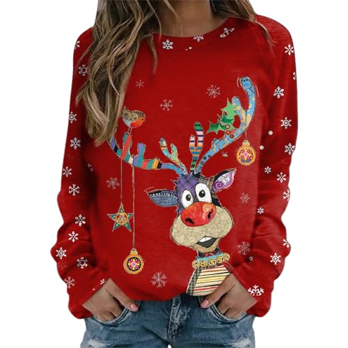 Weihnachtspullover Damen Weihnachts Sweatshirt Weihnachten Pullover mit Lustiger Weihnachtsmotiv Weihnachtsshirt Langarms Tshirt Rundhals Oberteil Weihnachtspulli Große Größen Christmas Shirt Tops von DeaAmyGline