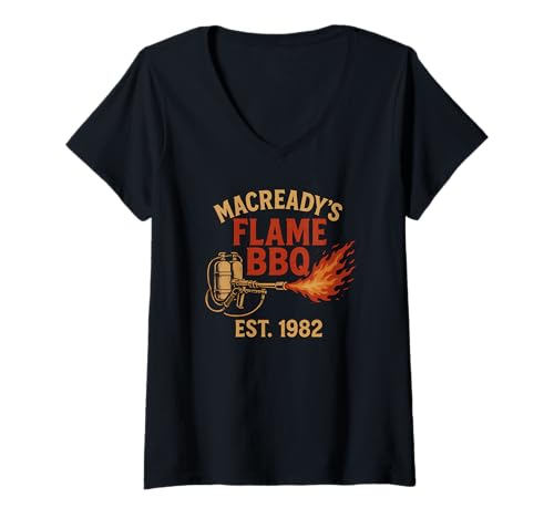 Damen MACREADYS Flame BBQ T-Shirt mit V-Ausschnitt von Dead Good Tees