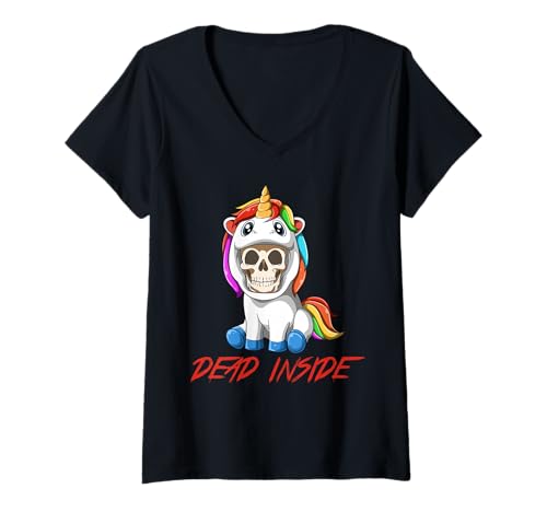 Damen Skelett im Einhorn-Outfit - Sarcastic Unicorn T-Shirt mit V-Ausschnitt von Dead Inside - Einhorn T-Shirt Frau