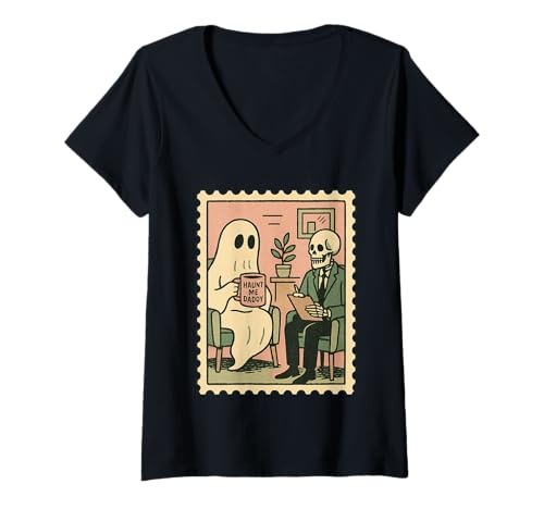 Damen Lustiges Geistertherapie-Stempel-Design T-Shirt mit V-Ausschnitt von Dead Inside Postal Service