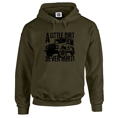 Dead Set Studio Off-Road 4X4 Herren Kapuzenpullover - 4WD Allradantrieb - Little Dirt Never Hurt - Classic Car Series, olivgrün, XL von Dead Set Studio
