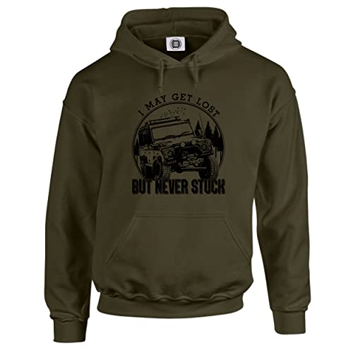 Offroad 4X4 Herren Hoodie - Allrad Drive - I May Get Lost But I Never Get Stuck - Classic Car Series, olivgrün, XXL von Dead Set Studio