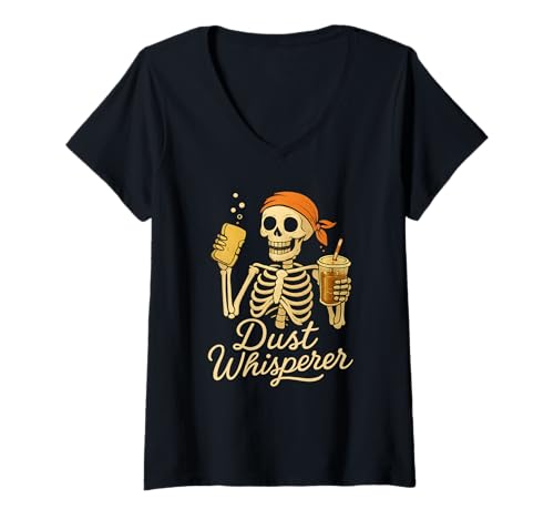 Damen Dust Whisperer Lustiges Skelett Reinigung Crew Arbeit Leben Humor T-Shirt mit V-Ausschnitt Damen Dust Whisperer Lustiges Skelett Reinigung Crew Arbeit Leben Humor T-Shirt mit V-Ausschnitt von Dead Tired Cleaners Collective